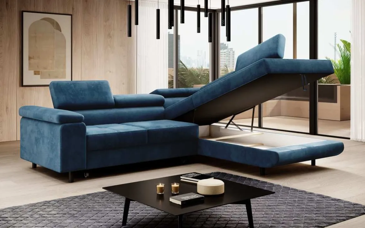 Designer Ecksofa Costa mit Schlaf- und Klappfunktion aus Samt