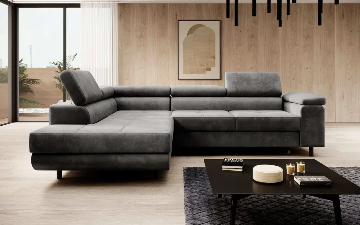 Designer Ecksofa Costa mit Schlaf- und Klappfunktion aus Samt
