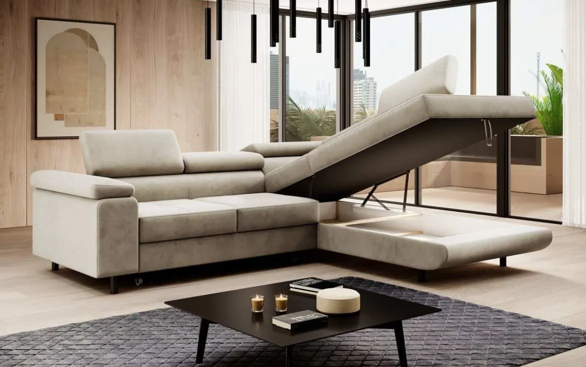 Designer Ecksofa Costa mit Schlaf- und Klappfunktion aus Samt