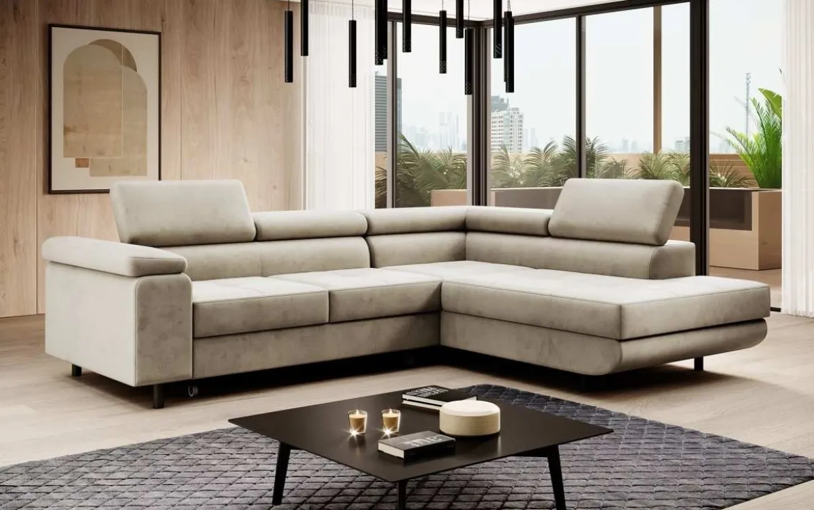 Designer Ecksofa Costa mit Schlaf- und Klappfunktion aus Samt