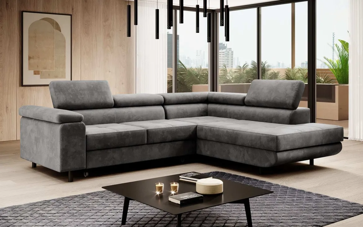 Designer Ecksofa Costa mit Schlaf- und Klappfunktion aus Samt