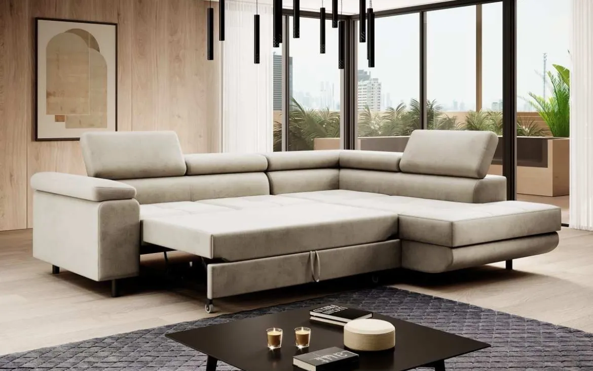 Designer Ecksofa Costa mit Schlaf- und Klappfunktion aus Samt