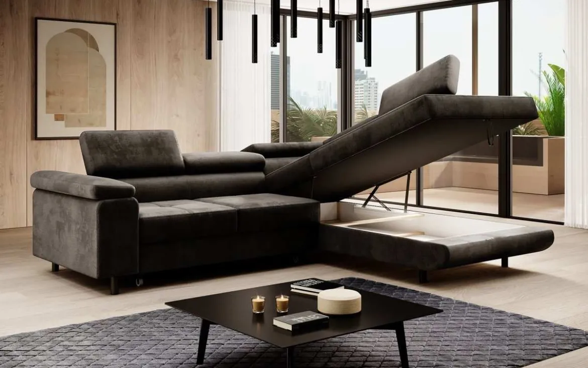Designer Ecksofa Costa mit Schlaf- und Klappfunktion aus Samt