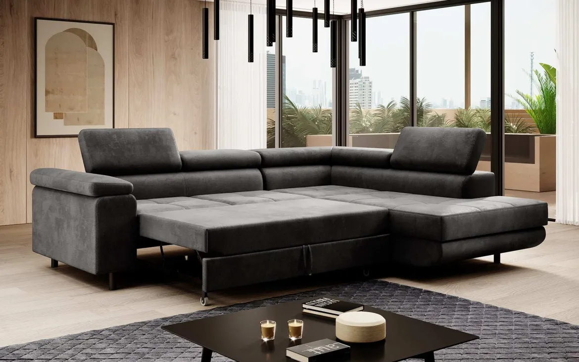 Designer Ecksofa Costa mit Schlaf- und Klappfunktion aus Samt