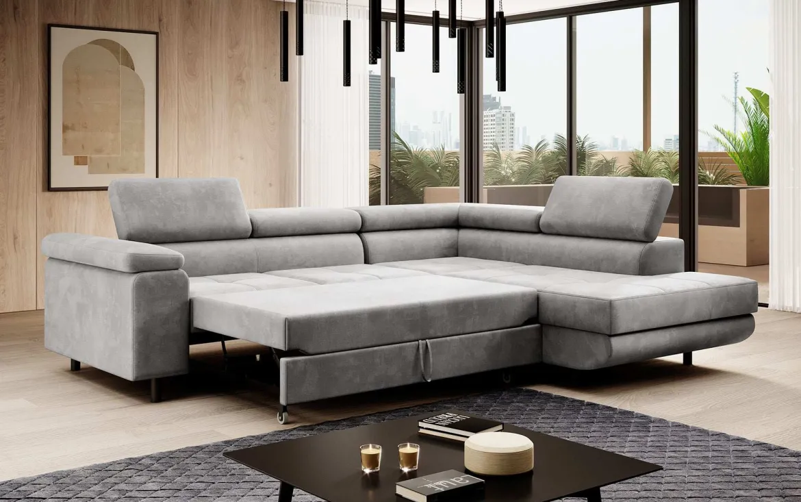 Designer Ecksofa Costa mit Schlaf- und Klappfunktion aus Samt