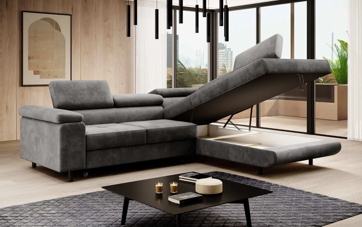 Designer Ecksofa Costa mit Schlaf- und Klappfunktion aus Samt