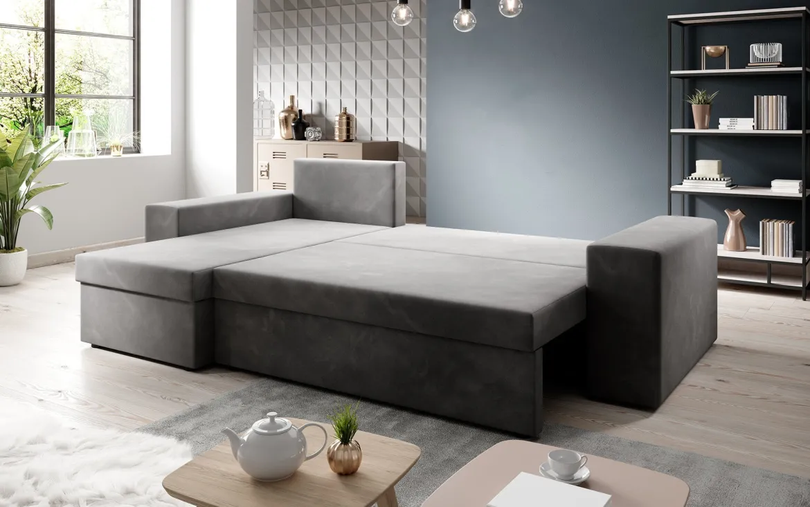 Designer Ecksofa Denver Bouclé mit Schlaf- und Klappfunktion