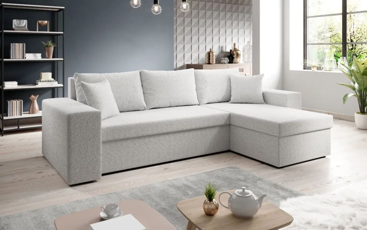 Designer Ecksofa Denver Bouclé mit Schlaf- und Klappfunktion