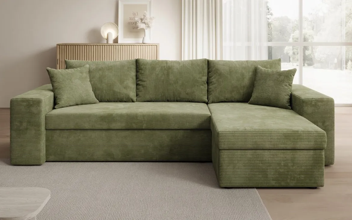 Designer Ecksofa Denver Cord mit Schlaf- und Klappfunktion