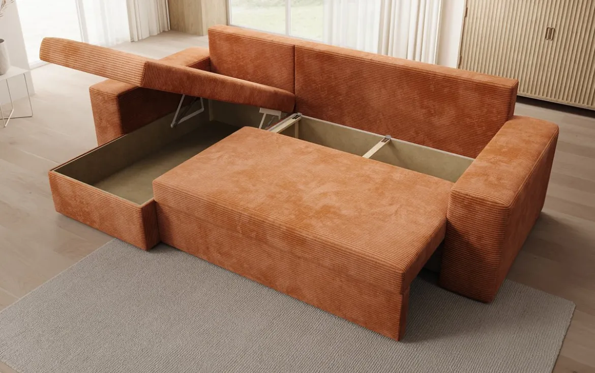 Designer Ecksofa Denver Cord mit Schlaf- und Klappfunktion