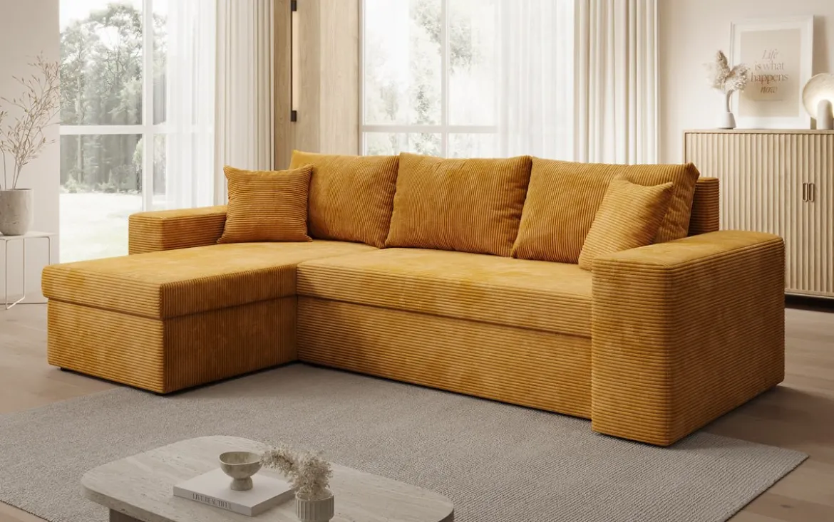 Designer Ecksofa Denver Cord mit Schlaf- und Klappfunktion