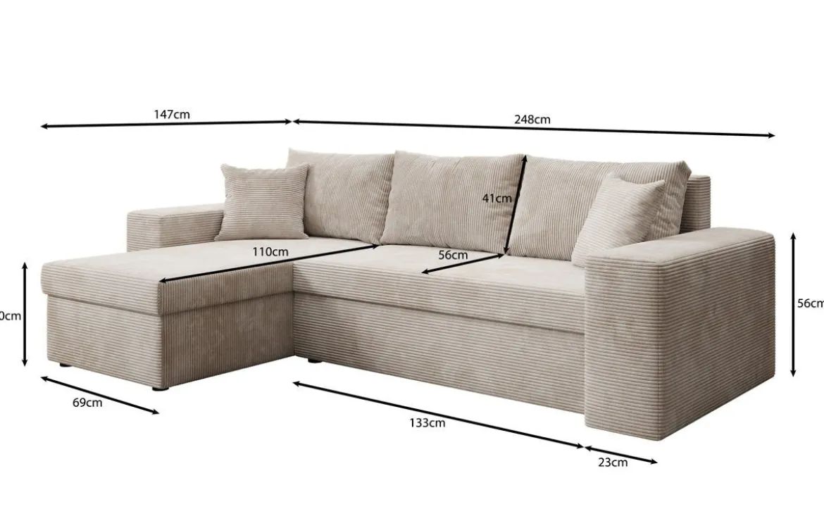 Designer Ecksofa Denver Cord mit Schlaf- und Klappfunktion