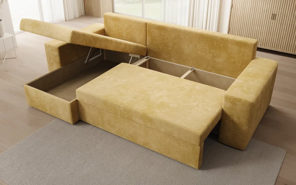 Designer Ecksofa Denver Cord mit Schlaf- und Klappfunktion