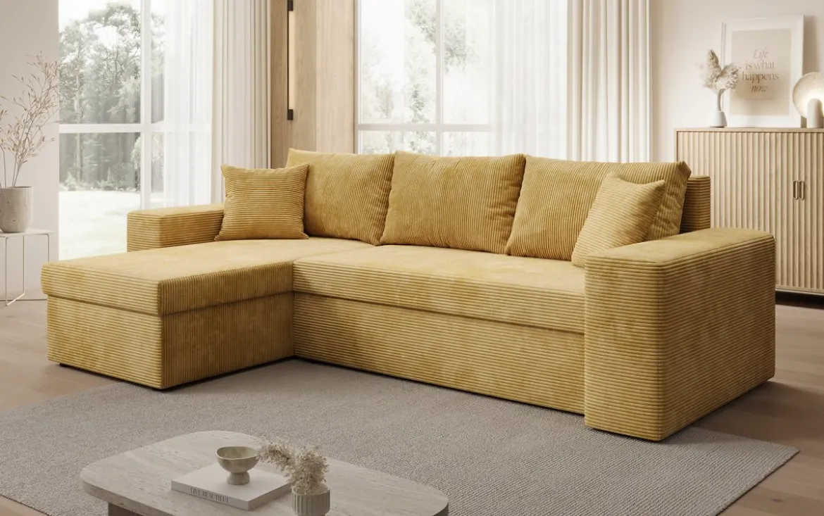 Designer Ecksofa Denver Cord mit Schlaf- und Klappfunktion