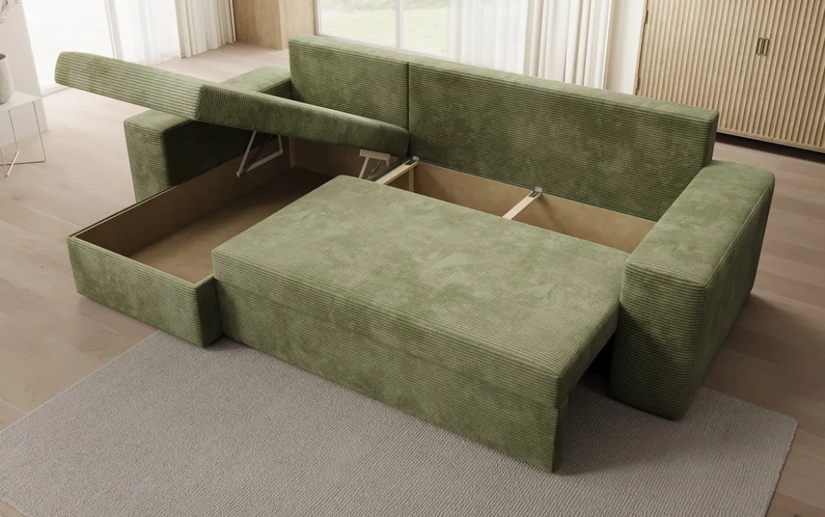 Designer Ecksofa Denver Cord mit Schlaf- und Klappfunktion