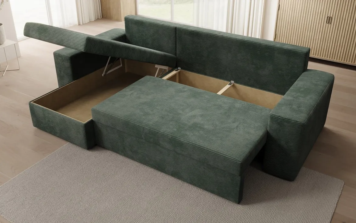 Designer Ecksofa Denver Cord mit Schlaf- und Klappfunktion