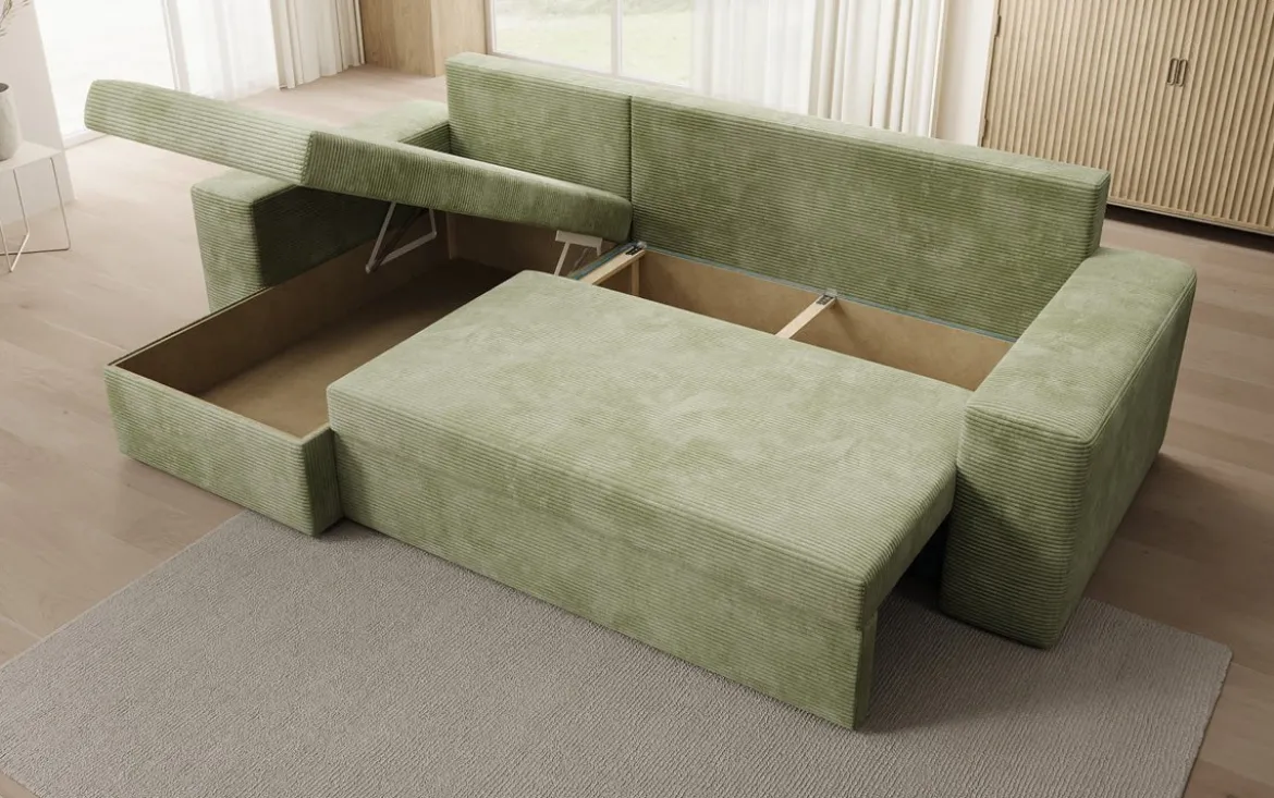 Designer Ecksofa Denver Cord mit Schlaf- und Klappfunktion