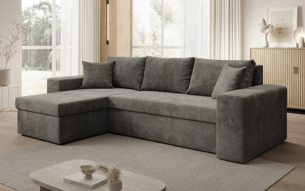 Designer Ecksofa Denver Cord mit Schlaf- und Klappfunktion