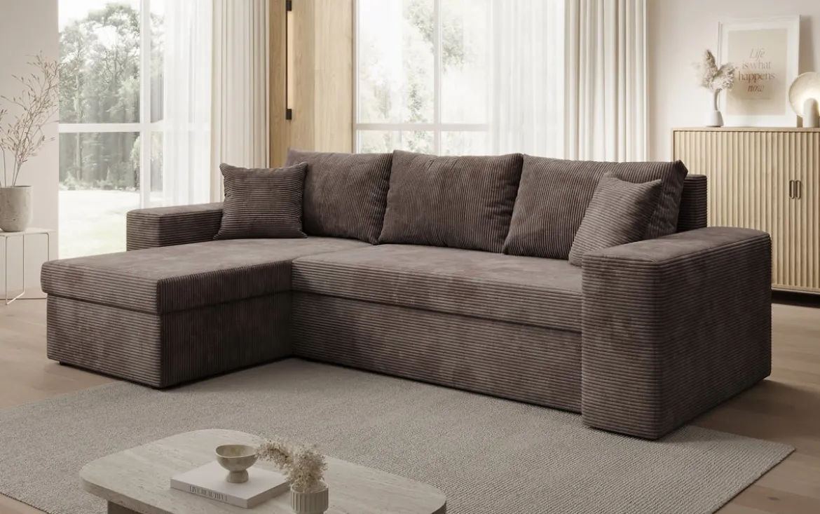 Designer Ecksofa Denver Cord mit Schlaf- und Klappfunktion