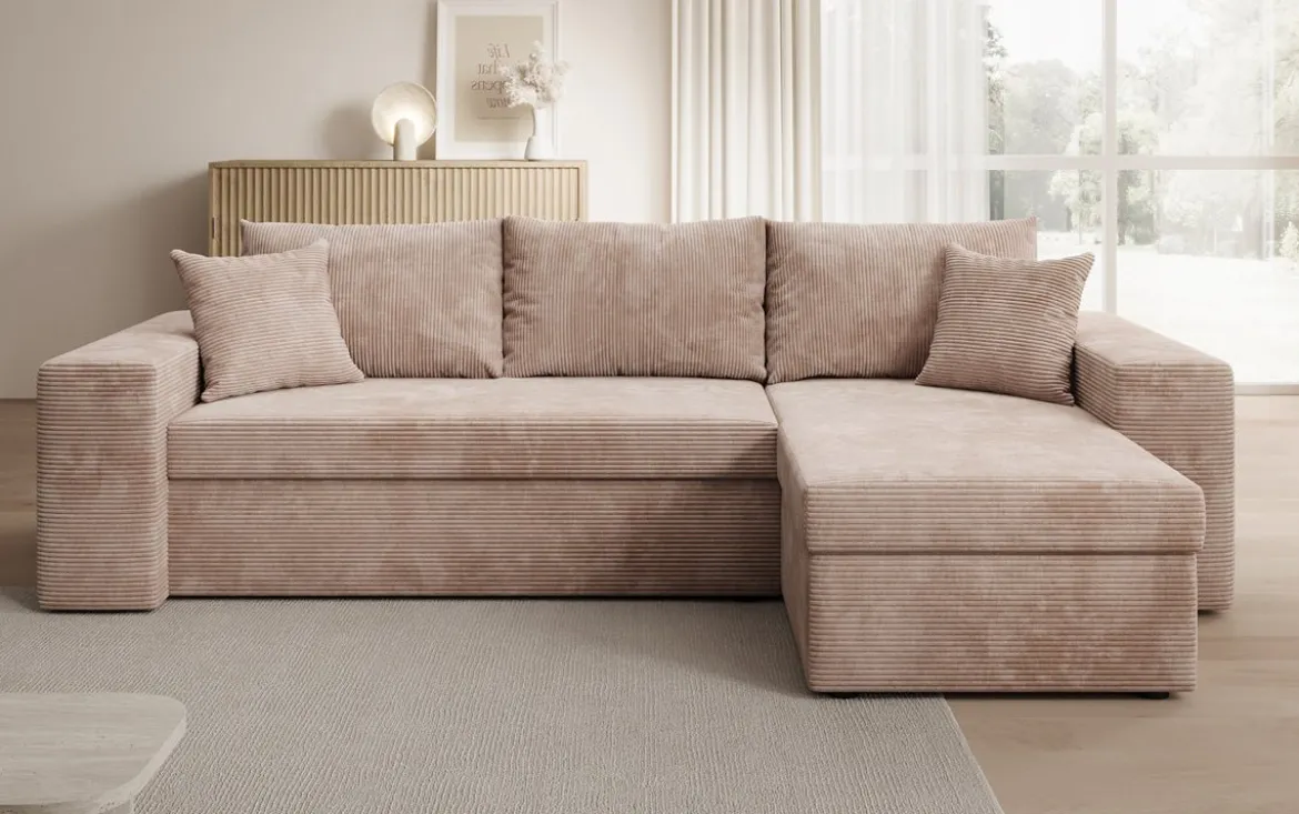 Designer Ecksofa Denver Cord mit Schlaf- und Klappfunktion