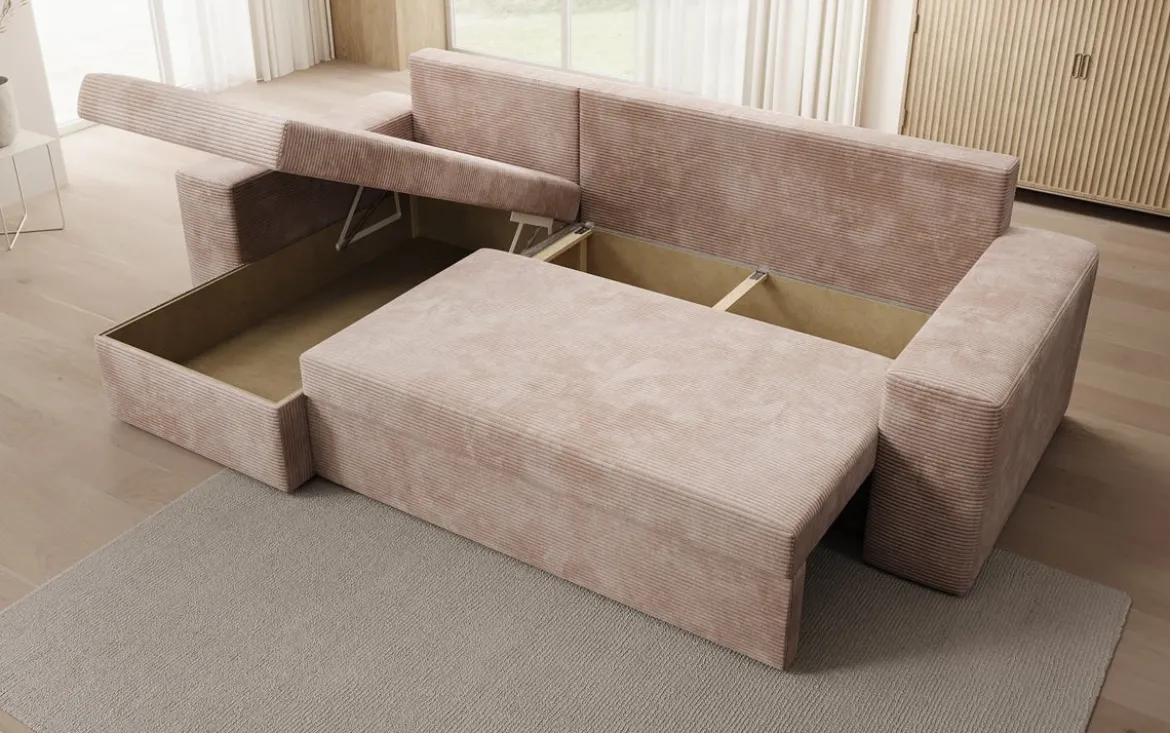 Designer Ecksofa Denver Cord mit Schlaf- und Klappfunktion