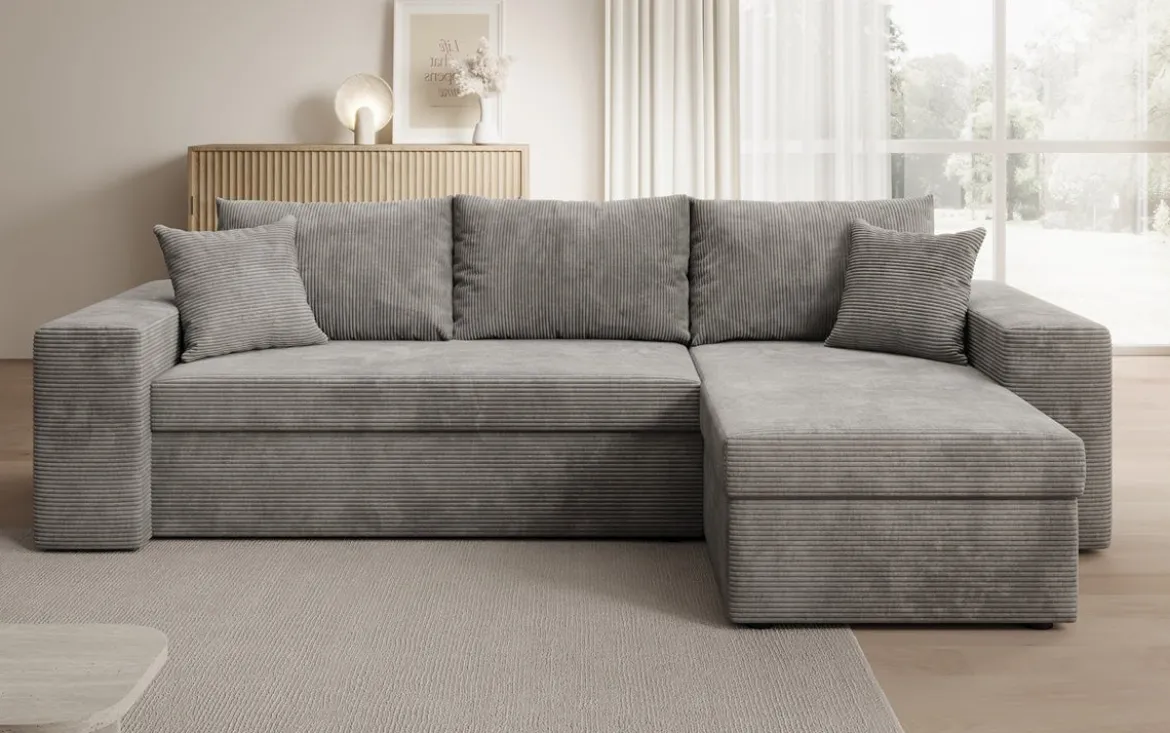 Designer Ecksofa Denver Cord mit Schlaf- und Klappfunktion