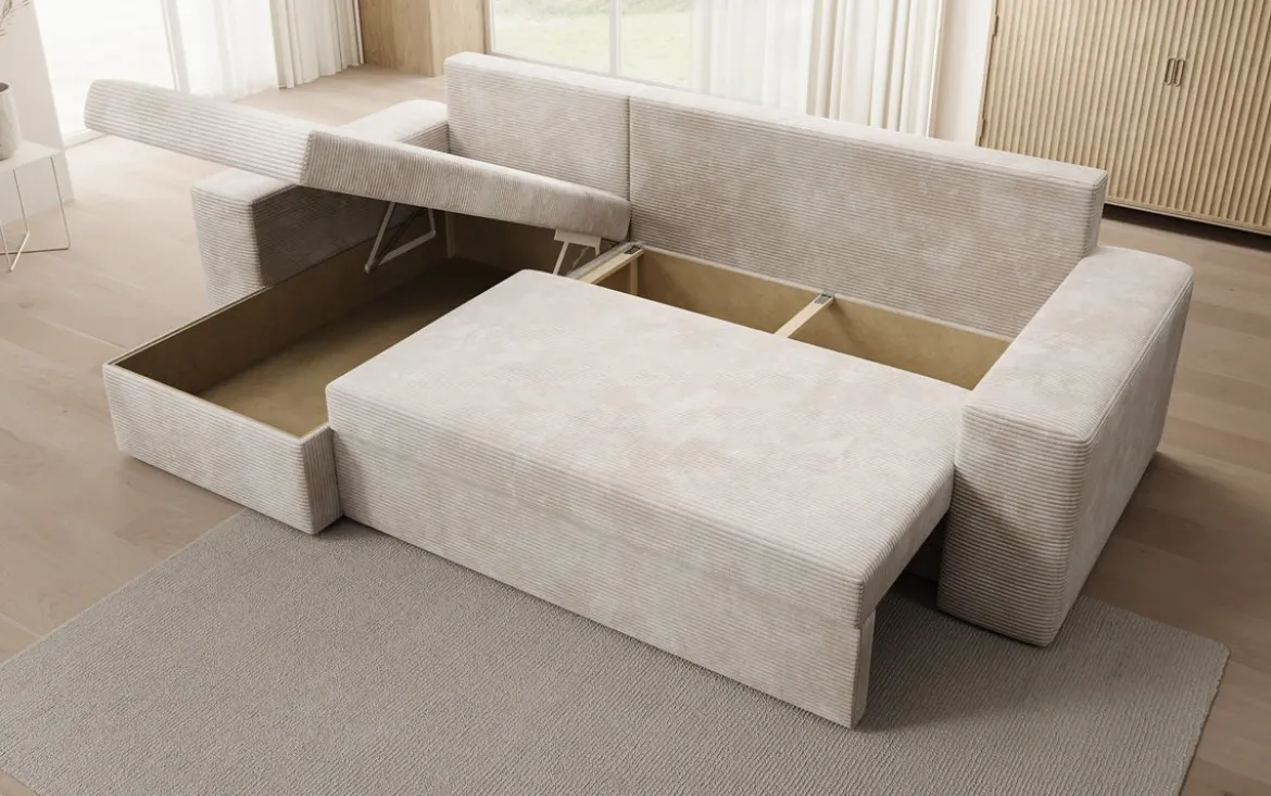 Designer Ecksofa Denver Cord mit Schlaf- und Klappfunktion