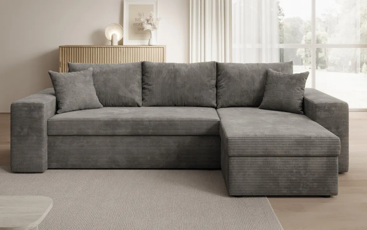 Designer Ecksofa Denver Cord mit Schlaf- und Klappfunktion