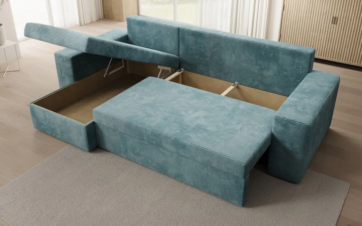 Designer Ecksofa Denver Cord mit Schlaf- und Klappfunktion