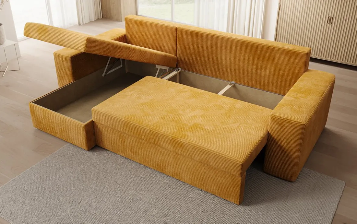Designer Ecksofa Denver Cord mit Schlaf- und Klappfunktion