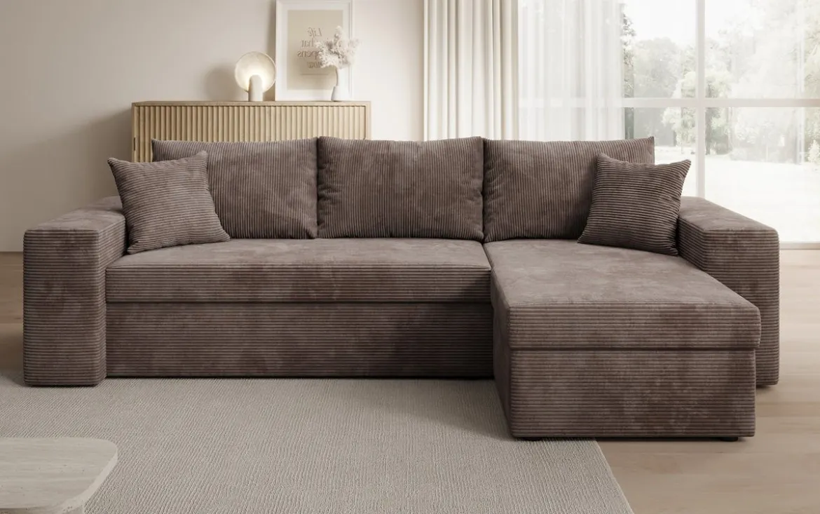 Designer Ecksofa Denver Cord mit Schlaf- und Klappfunktion