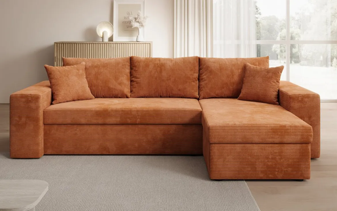 Designer Ecksofa Denver Cord mit Schlaf- und Klappfunktion