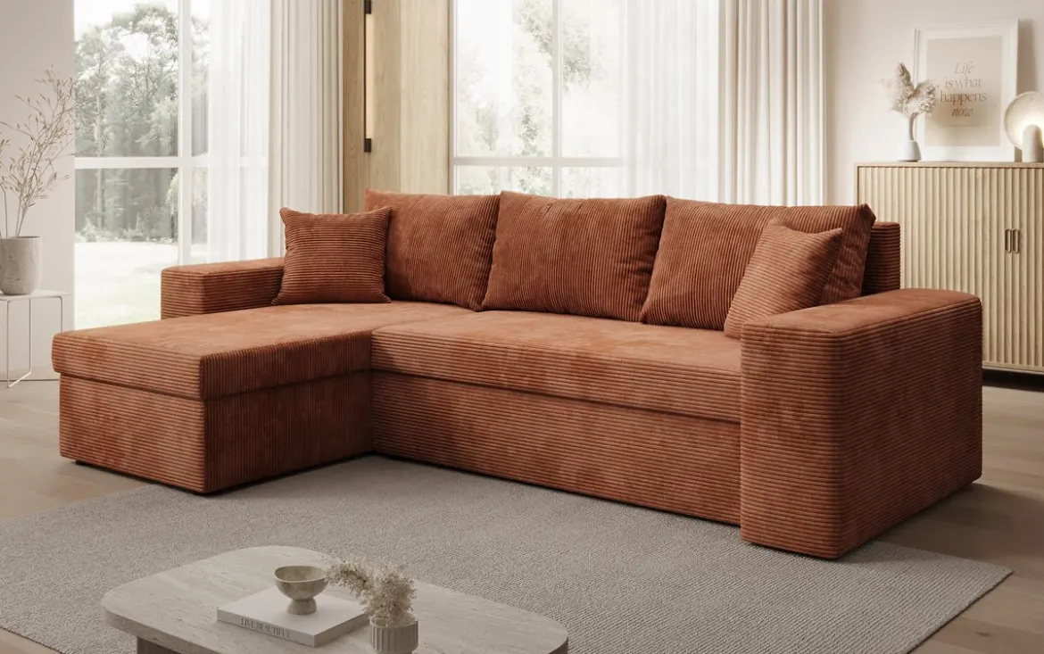 Designer Ecksofa Denver Cord mit Schlaf- und Klappfunktion