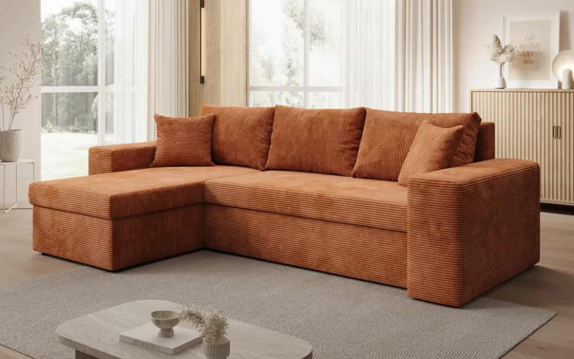 Designer Ecksofa Denver Cord mit Schlaf- und Klappfunktion