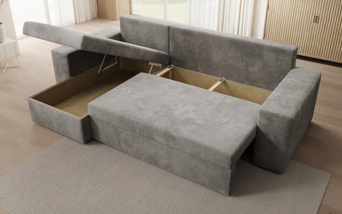 Designer Ecksofa Denver Cord mit Schlaf- und Klappfunktion