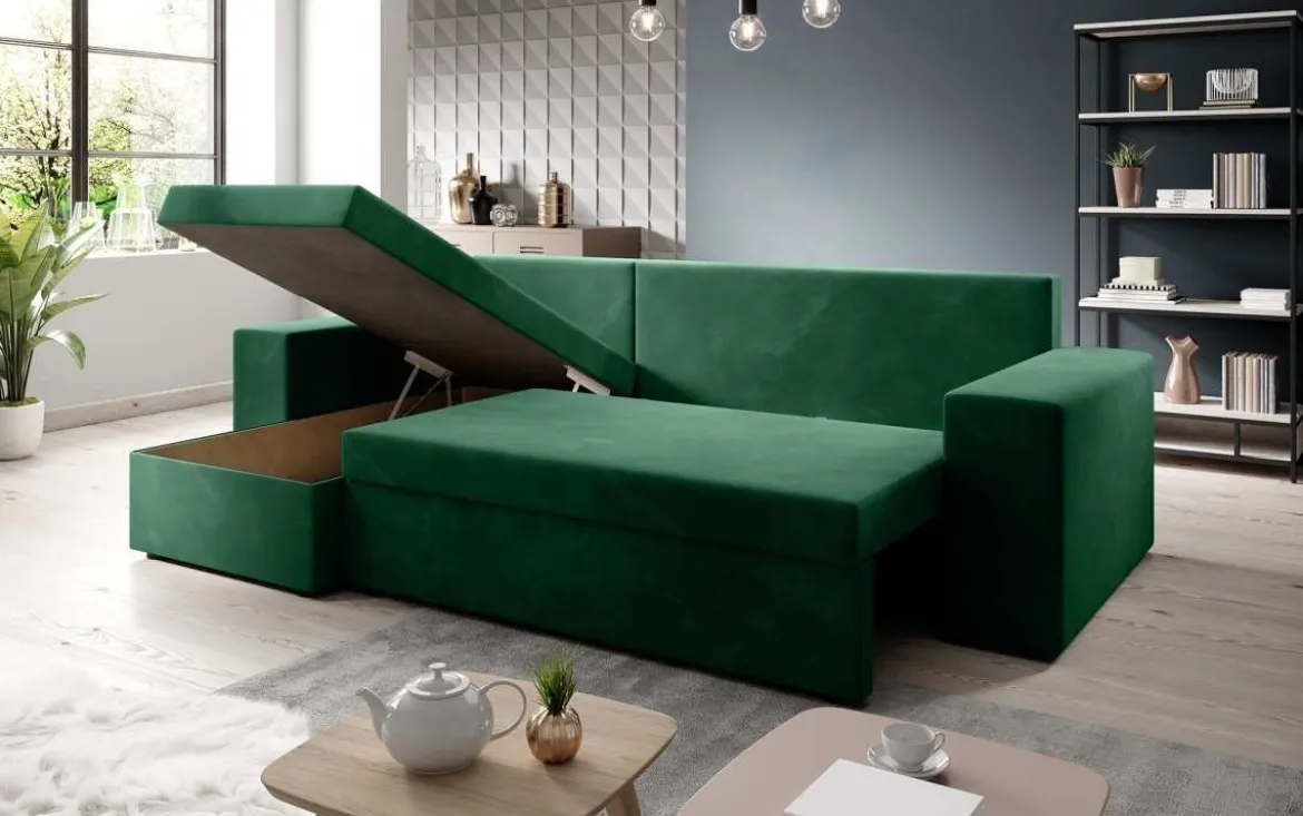 Designer Ecksofa Denver Samt mit Schlaf- und Klappfunktion