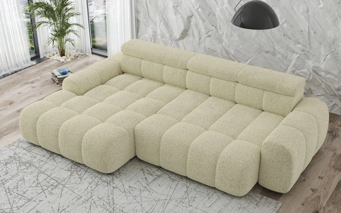 Designer Ecksofa Elaro mit elektrischer Sitzerweiterung in Bouclé
