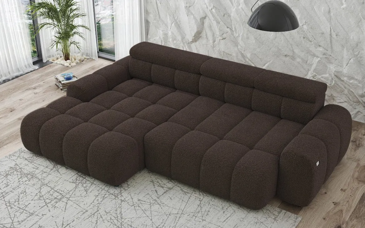 Designer Ecksofa Elaro mit elektrischer Sitzerweiterung in Bouclé