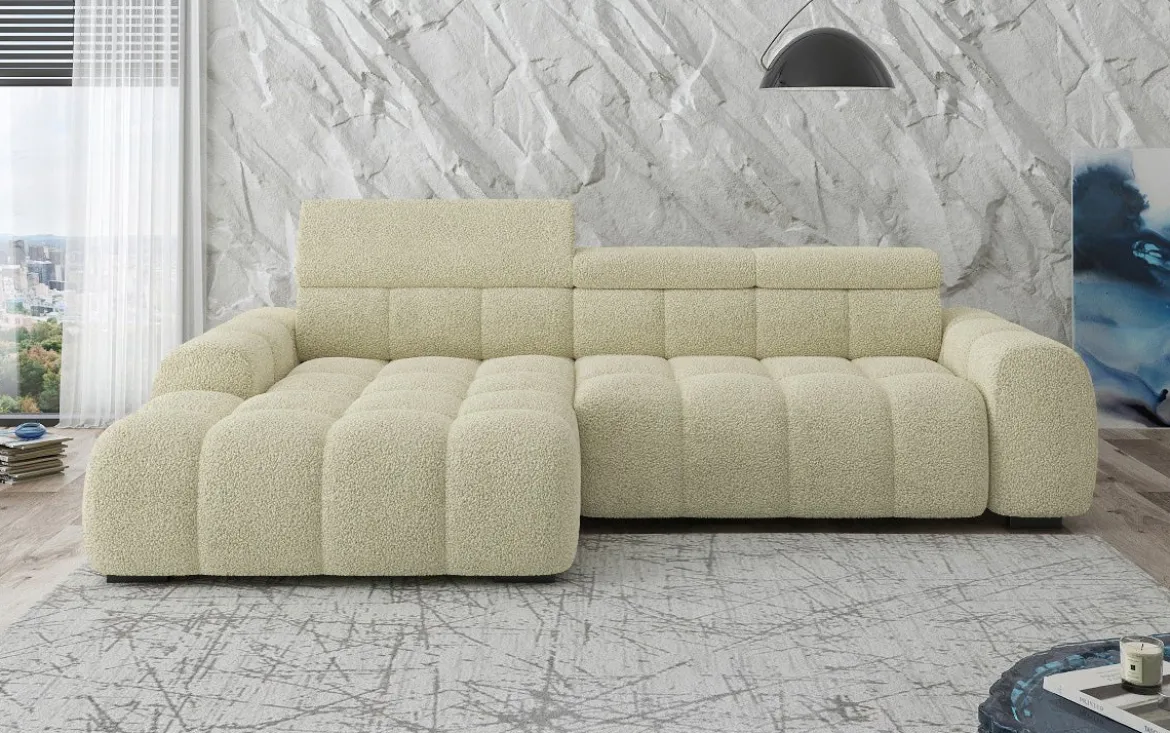 Designer Ecksofa Elaro mit elektrischer Sitzerweiterung in Bouclé