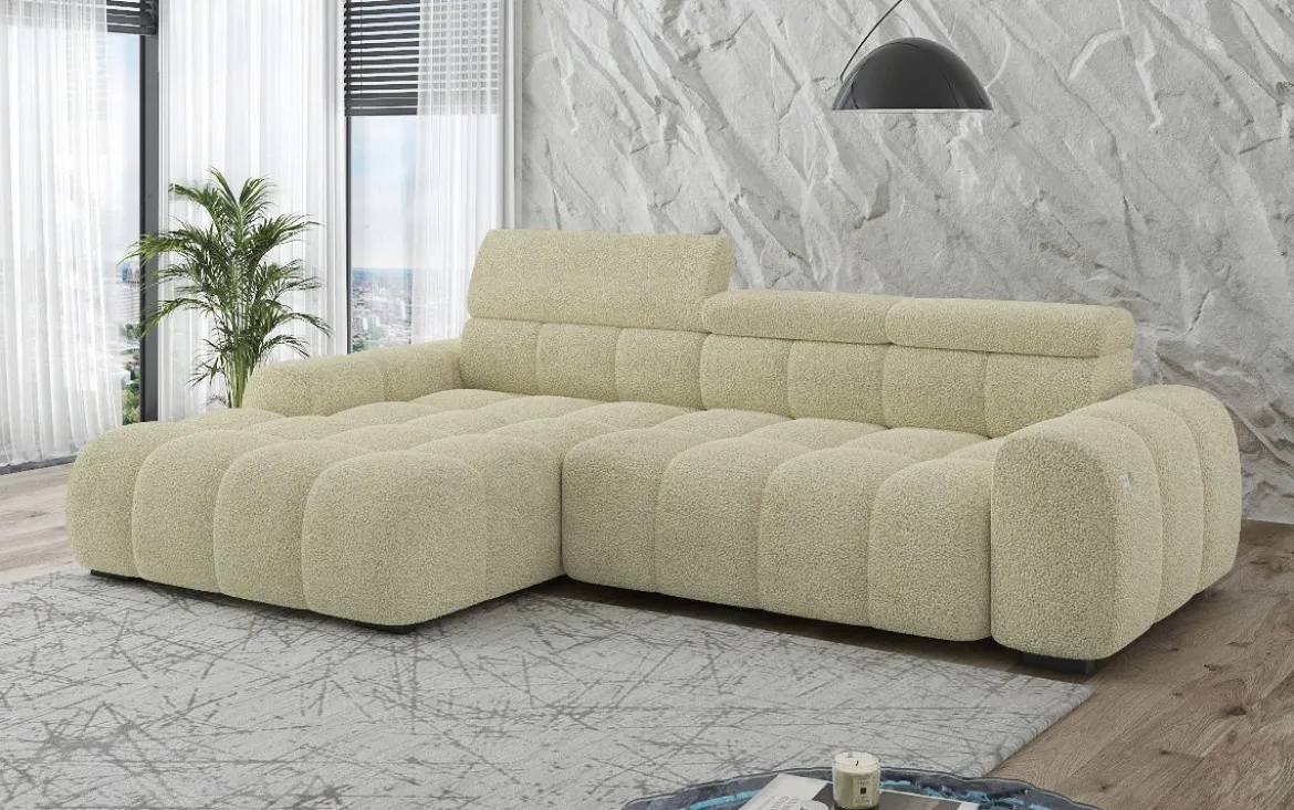 Designer Ecksofa Elaro mit elektrischer Sitzerweiterung in Bouclé