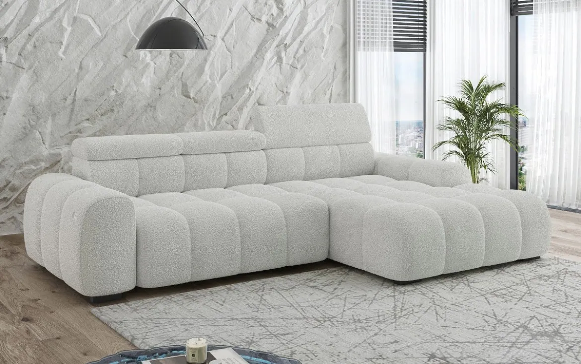 Designer Ecksofa Elaro mit elektrischer Sitzerweiterung in Bouclé