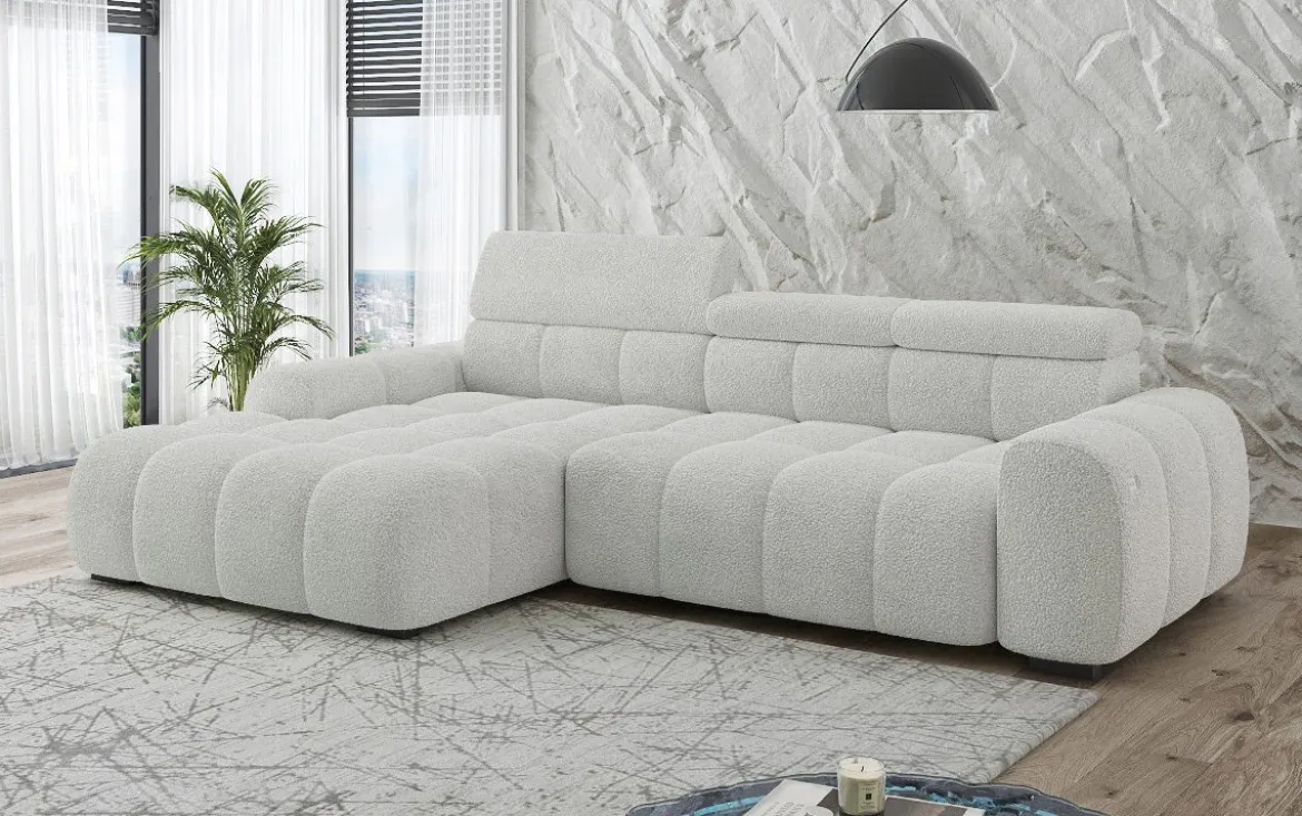 Designer Ecksofa Elaro mit elektrischer Sitzerweiterung in Bouclé