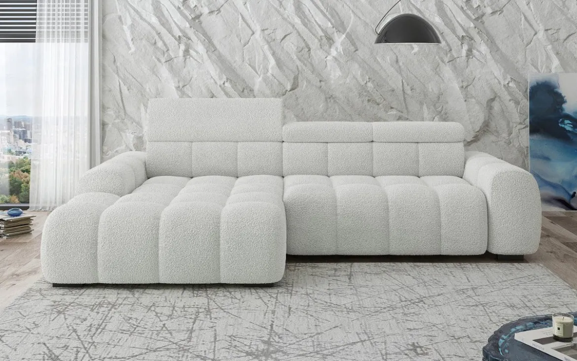 Designer Ecksofa Elaro mit elektrischer Sitzerweiterung in Bouclé