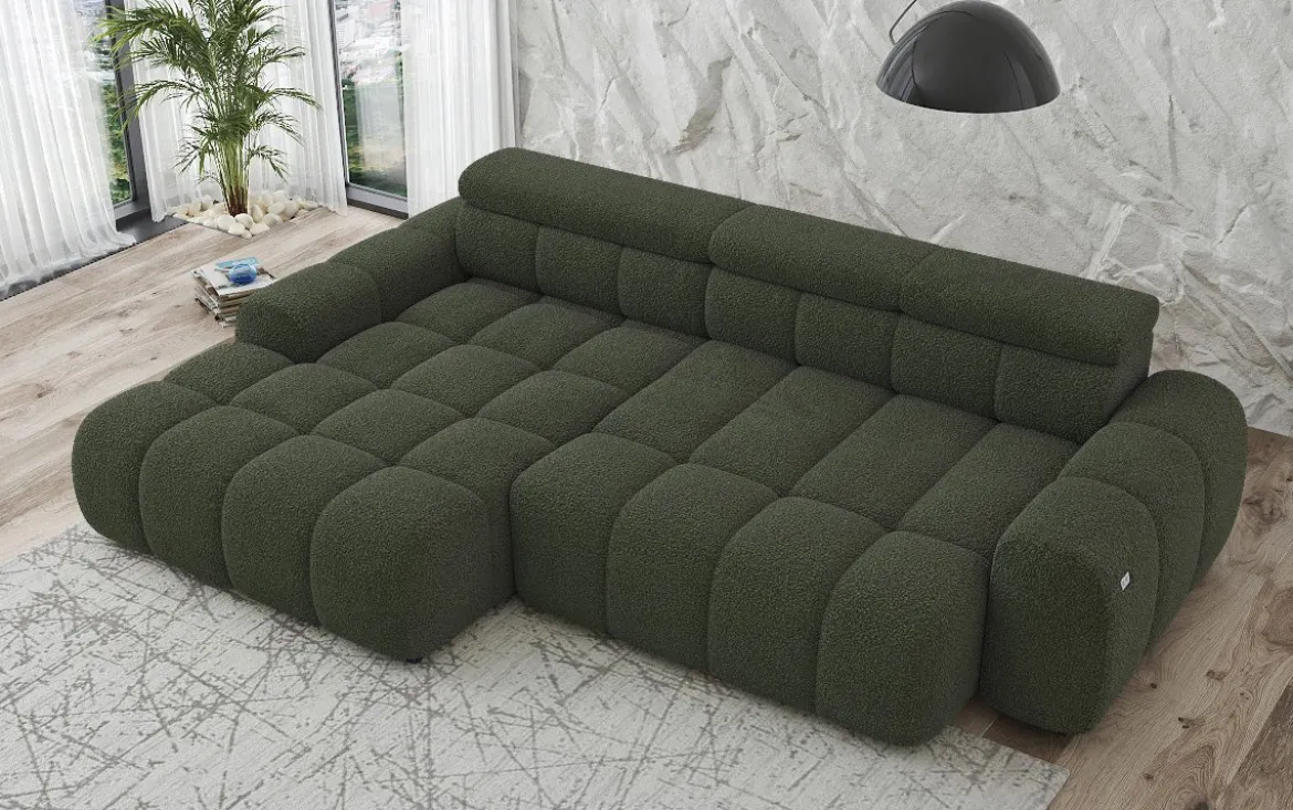 Designer Ecksofa Elaro mit elektrischer Sitzerweiterung in Bouclé