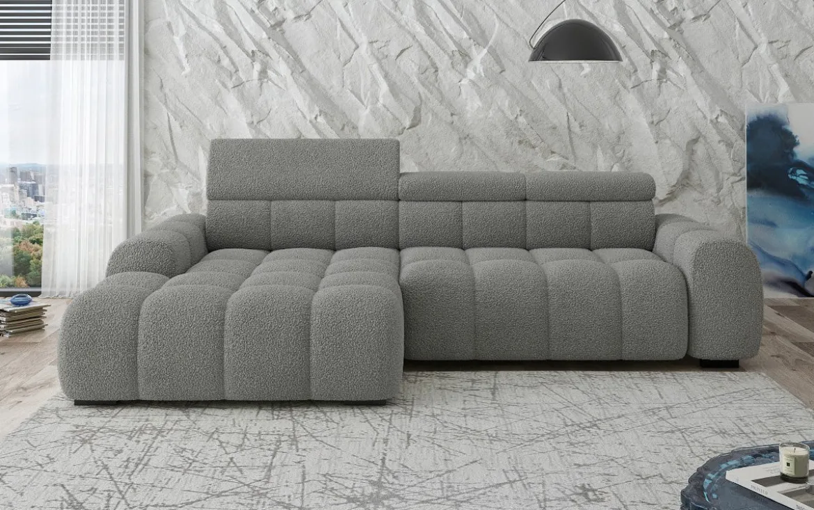 Designer Ecksofa Elaro mit elektrischer Sitzerweiterung in Bouclé