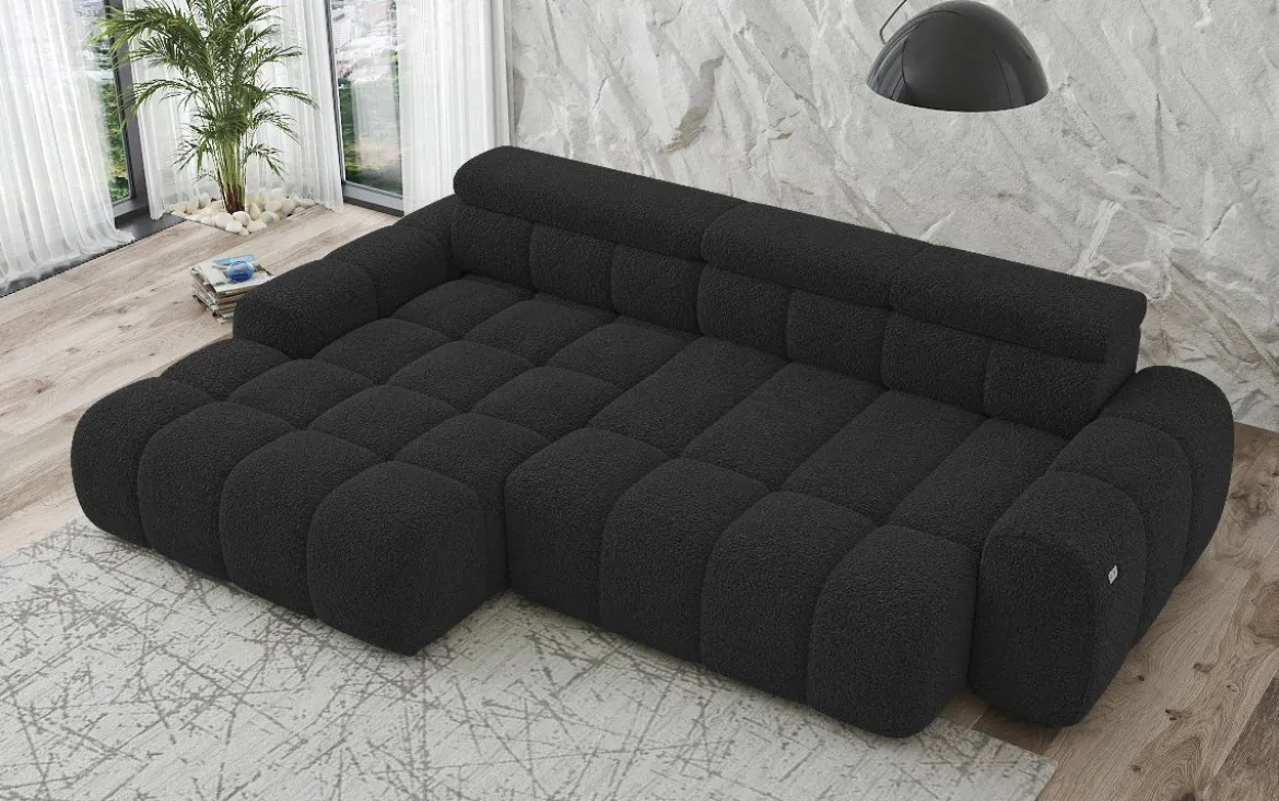 Designer Ecksofa Elaro mit elektrischer Sitzerweiterung in Bouclé