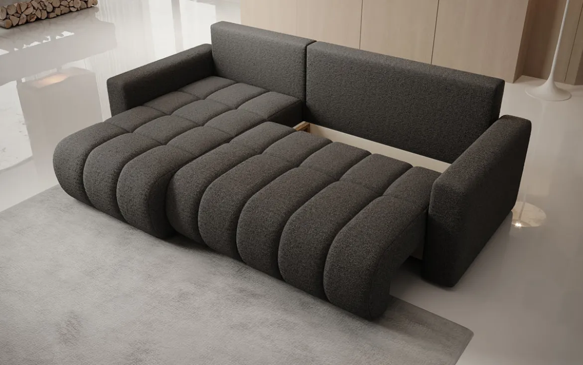 Designer Ecksofa Giulio mit Schlaf- und Klappfunktion in Bouclé