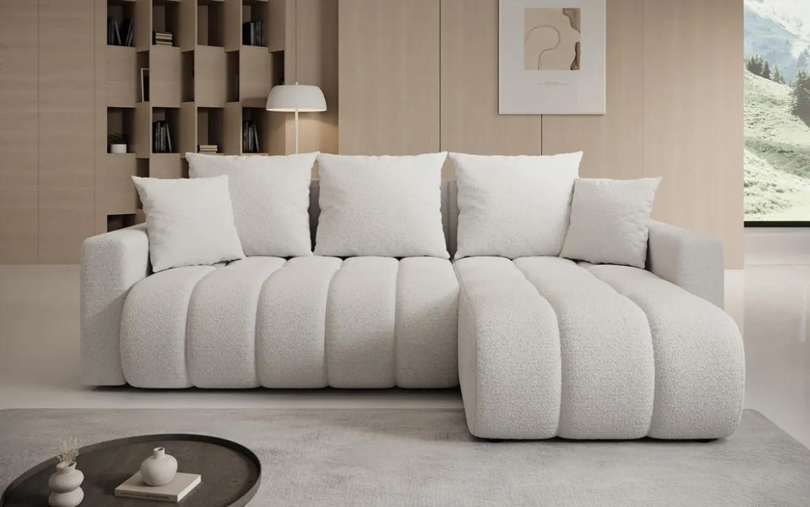 Designer Ecksofa Giulio mit Schlaf- und Klappfunktion in Bouclé