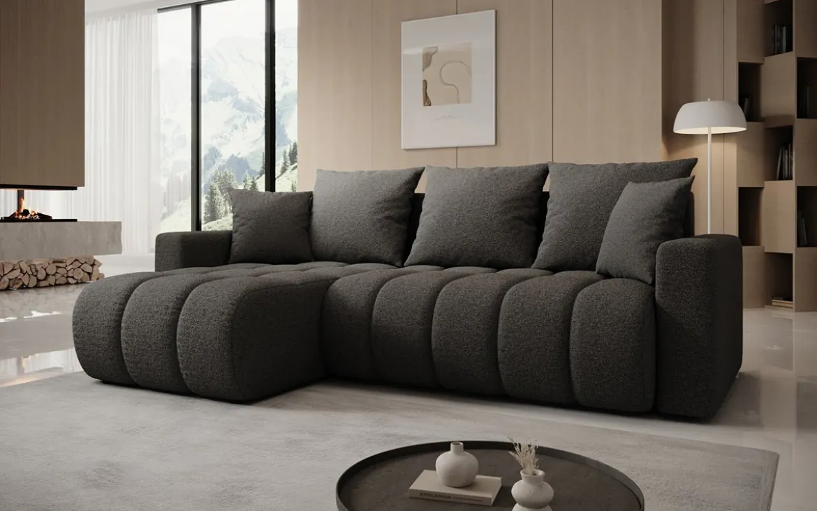 Designer Ecksofa Giulio mit Schlaf- und Klappfunktion in Bouclé