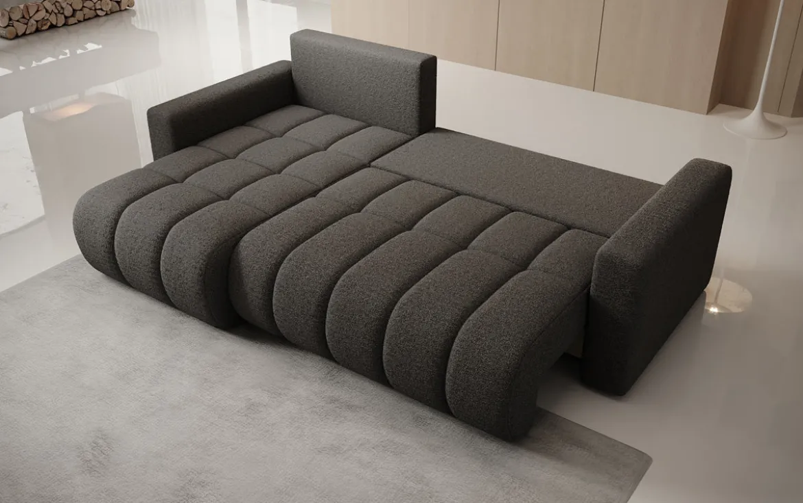 Designer Ecksofa Giulio mit Schlaf- und Klappfunktion in Bouclé